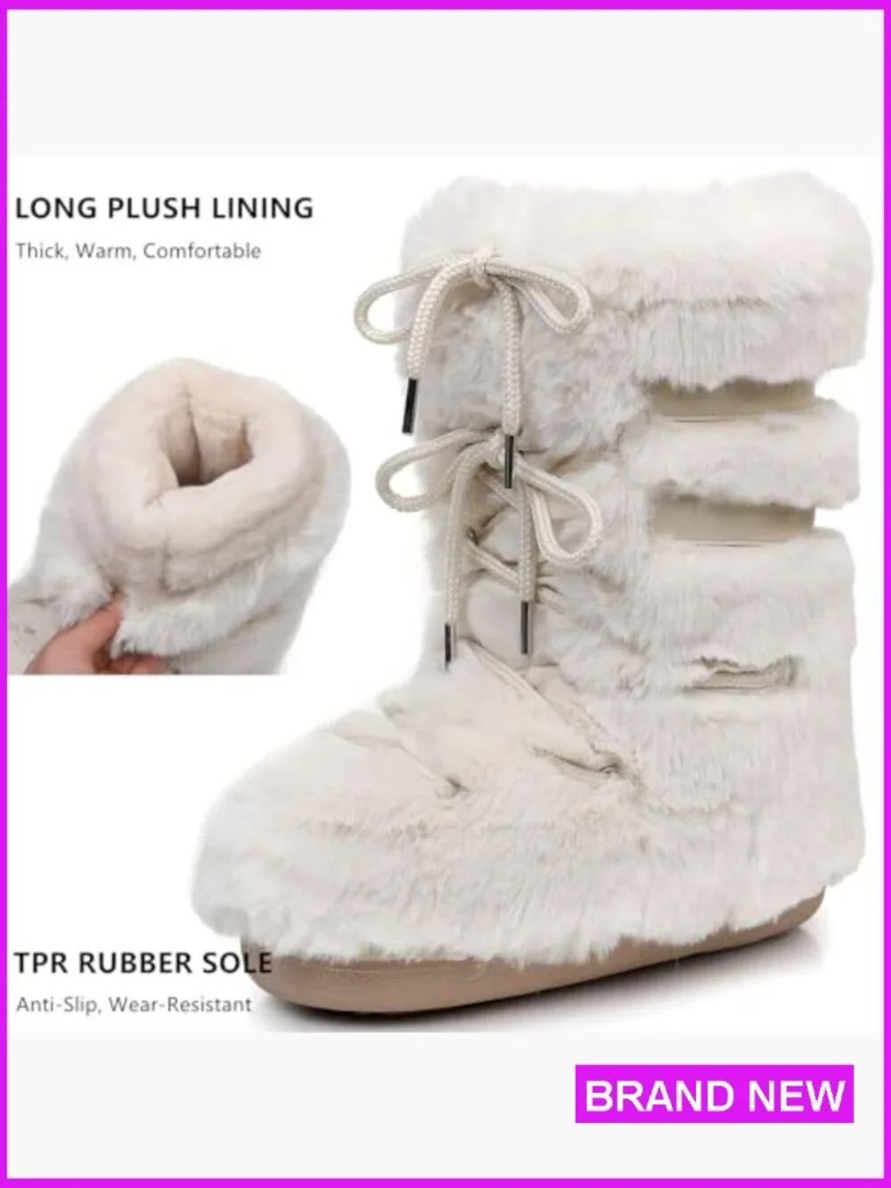 Faux Fur Snow Boots Mid-Calf Fluffy Furry Winter Warm Platform Lace-Up